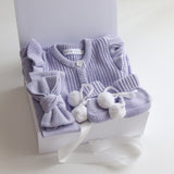 Baby Gift Set – Lavender Frill Knit Romper, Cute Booties, Bow