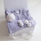 Baby Gift Set – Lavender Frill Knit Romper, Cute Booties, Cute Beanie