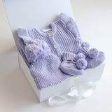 Baby Gift Set – Lavender Frill Romper, Booties, Beanie White Box