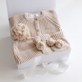 Baby Gift Set – Milky Coffee Knit Romper, Booties, Beanie