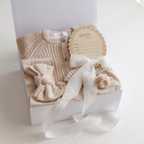 Baby Gift Set –Milky Coffee Romper, Booties, Bow, Disc She's Here, White Ribbon