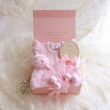 Baby Gift Set – Pink Frill Knit Romper,  Booties, Beanie & Disc She's Here, Pink Ribbon