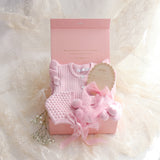 Baby Gift Set – Pink Frill Knit Romper, Booties, Bonnet & Disc She's Here, Pink Ribbon