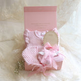 Baby Gift Set – Pink Frill Knit Romper, Frilly Booties, Bonnet & Disc She's Here Pink Ribbon