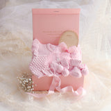Baby Gift Set – Pink Frill Knit Romper, Booties, Bonnet & Disc She's Here, Pink Ribbon