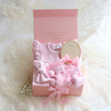 Baby Gift Set – Pink Frill Knit Romper, Booties, Bow & Disc She's Here Pink Ribbon