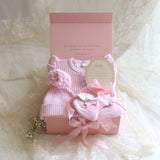 Baby Gift Set – Pink Frill Knit Romper,  Frill-Booties, Beanie & Disc She's Here, Pink Ribbon