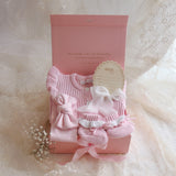 Baby Gift Set – Pink Frill Knit Romper, Frill-Booties, Bow & Disc She's Here, White Ribbon