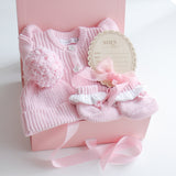 Baby Gift Set – Pink Frill Knit Romper, Frill Booties, Beanie & Disc She's Here, Pink Ribbon