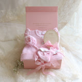 Baby Gift Set – Pink Frill Knit Romper, Frill Booties, Beanie & Disc She's Here, Pink Ribbon