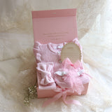 Baby Gift Set – Pink Frill Knit Romper, Frill Booties, Bow & Disc She's Here, Pink Ribbon