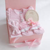 Baby Gift Set – Pink Frill Knit Romper, Frill Booties, Bow & Disc She's Here, Pink Ribbon