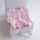 Baby Gift Set – Pink Knit Romper, Booties & Bow - White Box