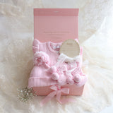 Baby Gift Set – Pretty Pink Frill Knit Romper, Booties, Beanie & Disc She's Here, White Ribbon