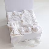 Baby Gift Set – Warm White Knit Romper, Booties & Bow