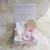 Baby Gift Set – Warm White Knit Romper, Booties, Bow & Disc She's Here, Pink Ribbon