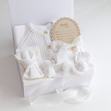 Baby Gift Set – Warm White Knit Romper, Booties, Bow & Disc She's Here, White Ribbon