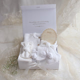 Baby Gift Set – Warm White Knit Romper, Booties, Bow & Disc She's Here, White Ribbon