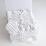Baby Gift Set – Warm White Romper, Booties & Bonnet