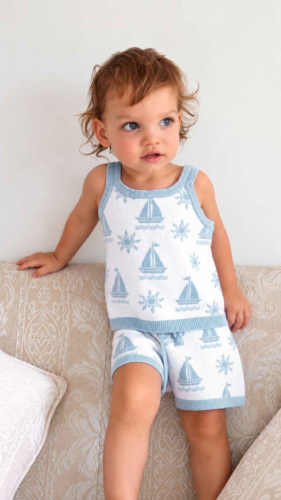 Toddler wearing the Coastal knit shorts and singlet top set with sailboat and sun pattern