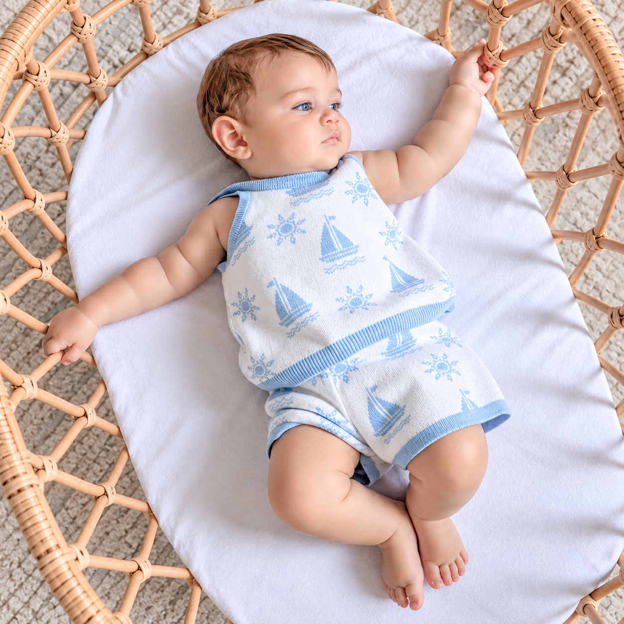 Coastal Cotton Knitted Shorts, white cotton knit with blue boat and sun print and blue drawstring waist