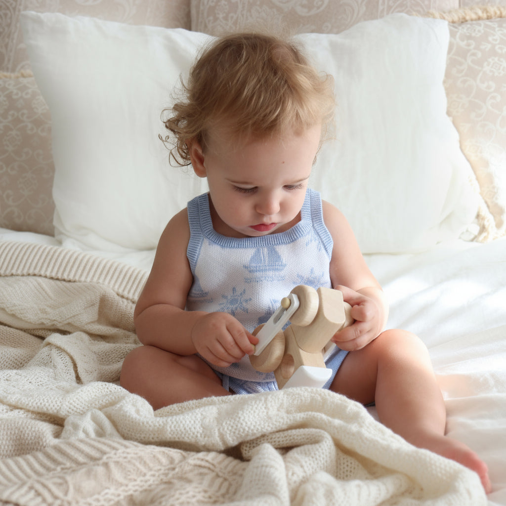 cotton knitted top with blue boat pattern on white background. Blue trims around neck shoulder and legs is 1.5 cm