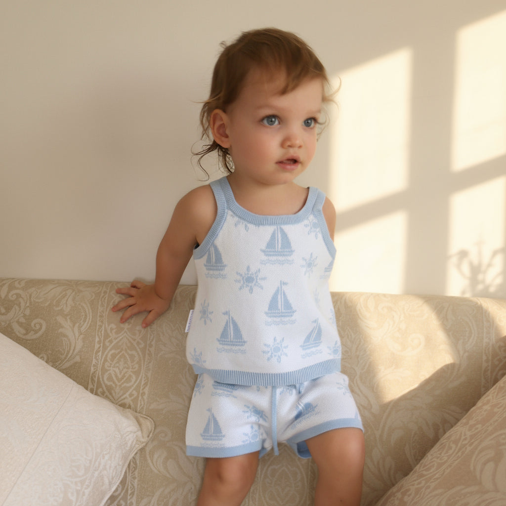 cotton knitted shorts with blue boat pattern on white background. Blue trims and blue elastic waist with drawstring. Waist band is 4 cm high and the leg trim is 1.5 cm high
