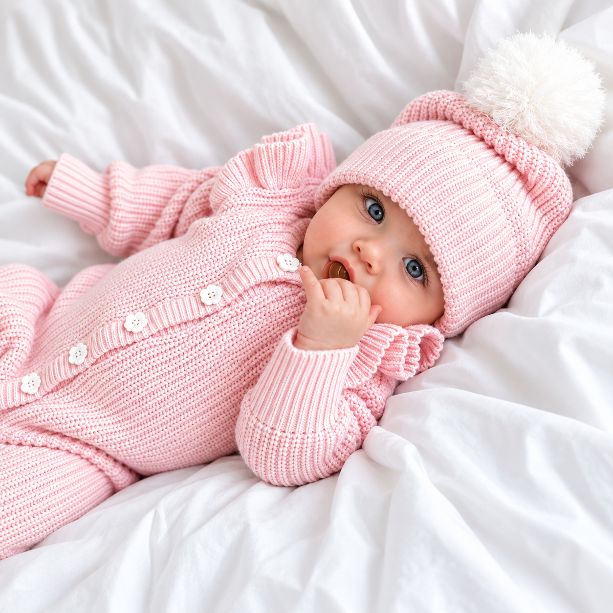 Frilly Pretty Pink knitted baby romper outfit