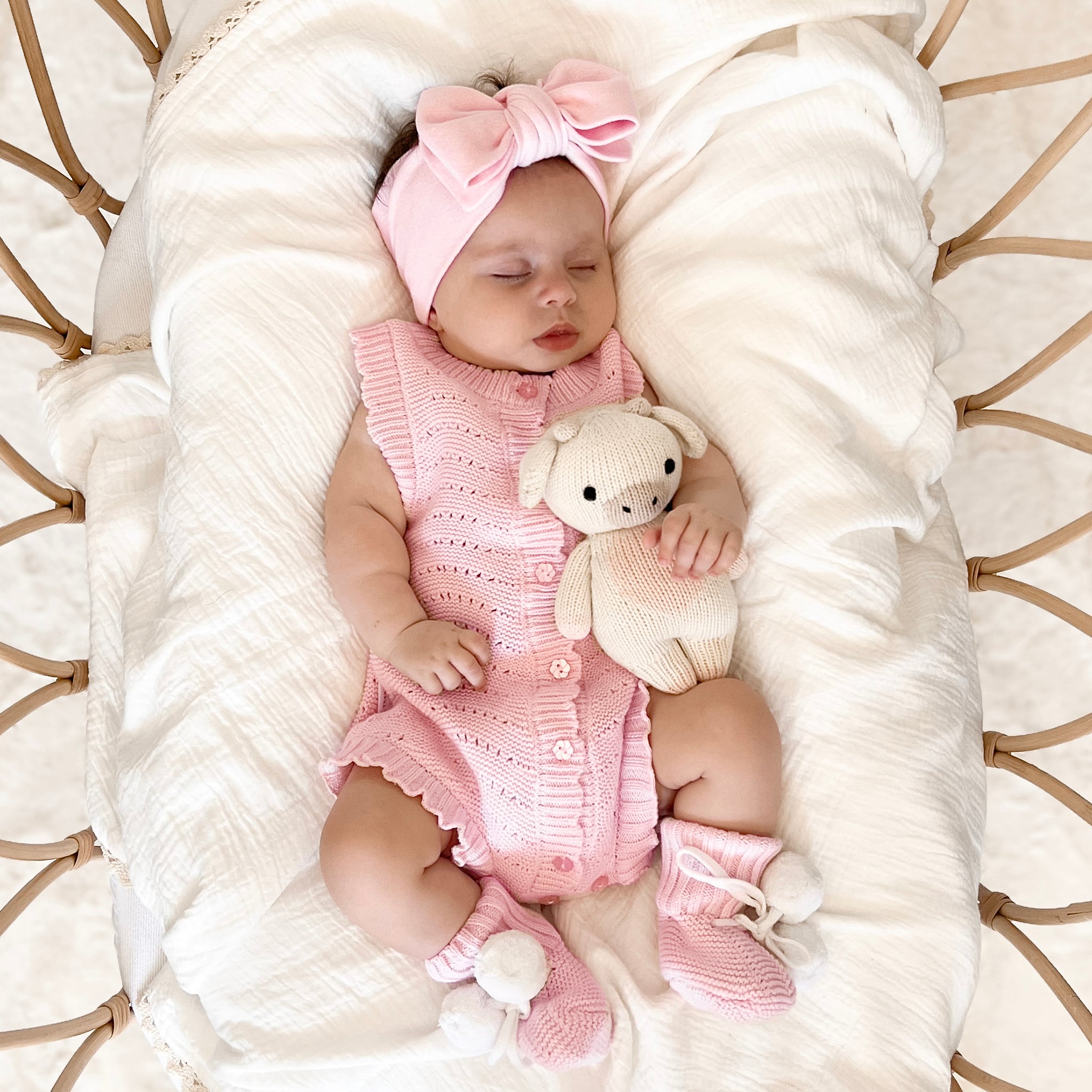 Florence lace knitted bubble romper is in a bundle with booties and bow and save 10% when purchasing the bundle. Lace knit cotton is perfect for summer