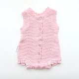 Florence lace knitted bubble romper is in a bundle with booties and bow and save 10% when purchasing the bundle. Lace knit cotton is perfect for summer
