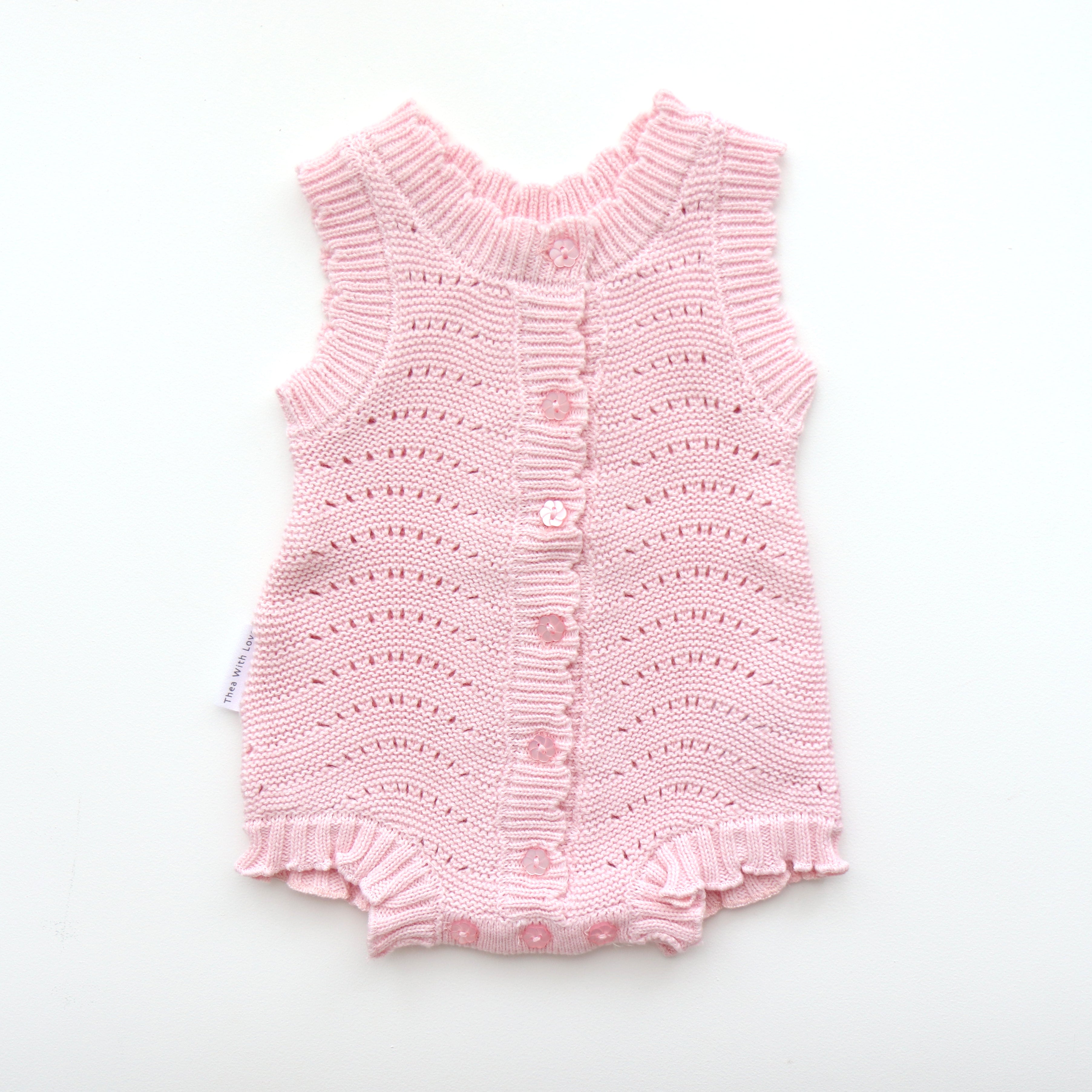Florence lace knitted bubble romper is in a bundle with booties and bow and save 10% when purchasing the bundle. Lace knit cotton is perfect for summer