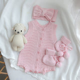 Florence lace knitted bubble romper is in a bundle with booties and bow and save 10% when purchasing the bundle. Lace knit cotton is perfect for summer