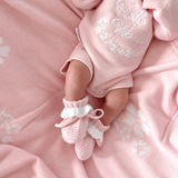 Frilly Pretty Pink knitted baby booties by Thea With Love