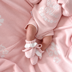 Frilly Pretty Pink knitted baby booties by Thea With Love