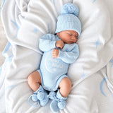 Newborn Announcement Outfit Set – Blue Knit Romper, Booties & Beanie