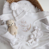 Koala hello world with matching warm white beanie and booties
