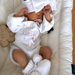heirloom romper newborn koala hello world and matching booties and bow