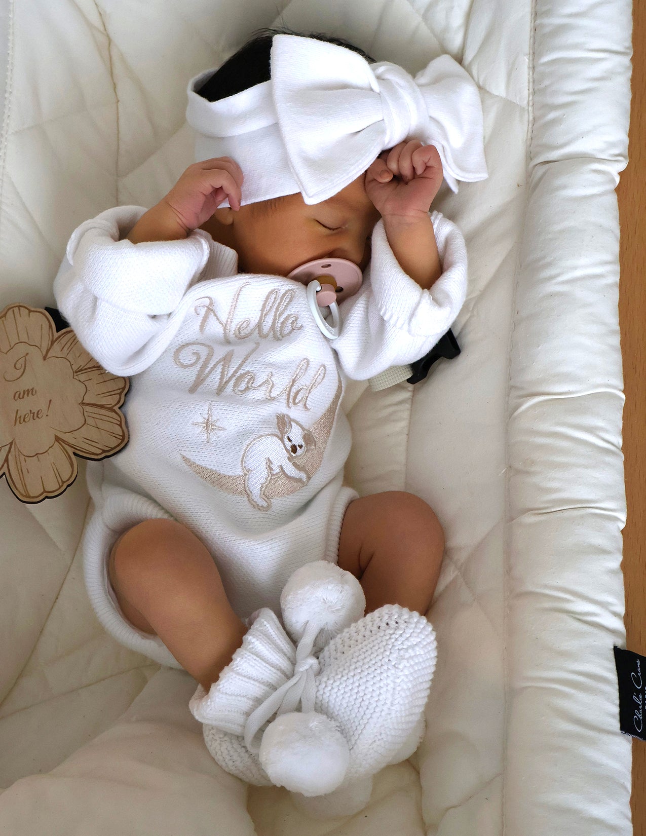 heirloom romper newborn koala hello world and matching booties and bow