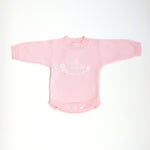 heirloom romper pretty pink hello world clearance white embroidery text hello world with flowers in a circle underneath flowers 5 petals and pink centre