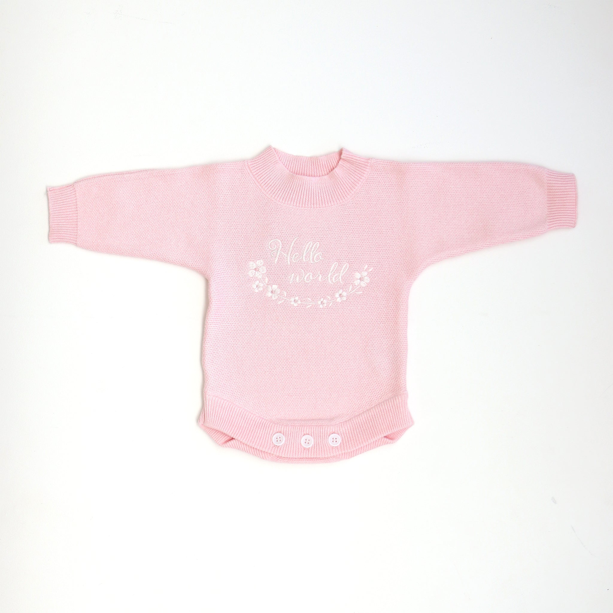 heirloom romper pretty pink hello world clearance white embroidery text hello world with flowers in a circle underneath flowers 5 petals and pink centre