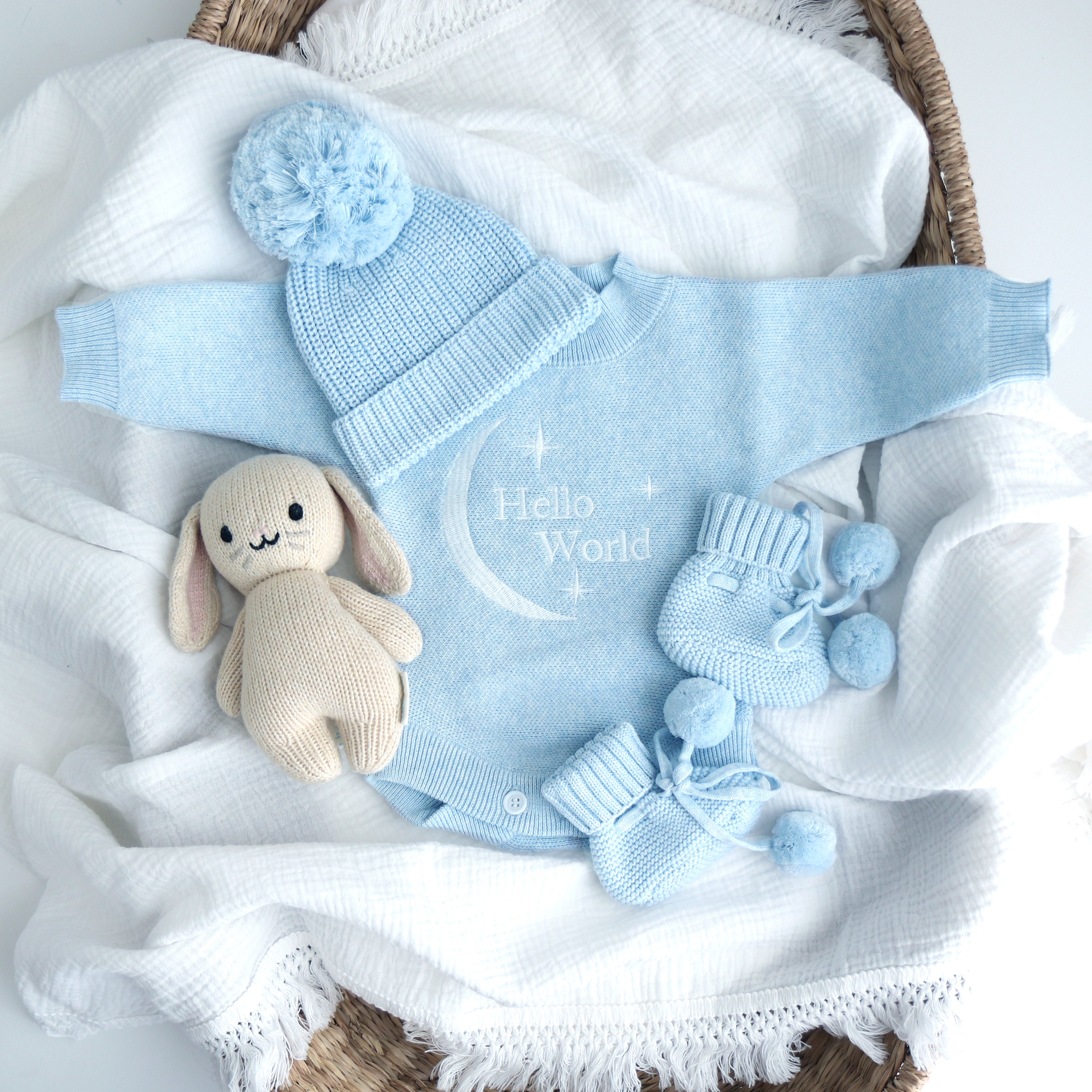 Heirloom Romper - Baby Blue Hello World with matching beanie and booties