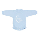 Heirloom Romper - Baby Blue Hello World with matching beanie and booties