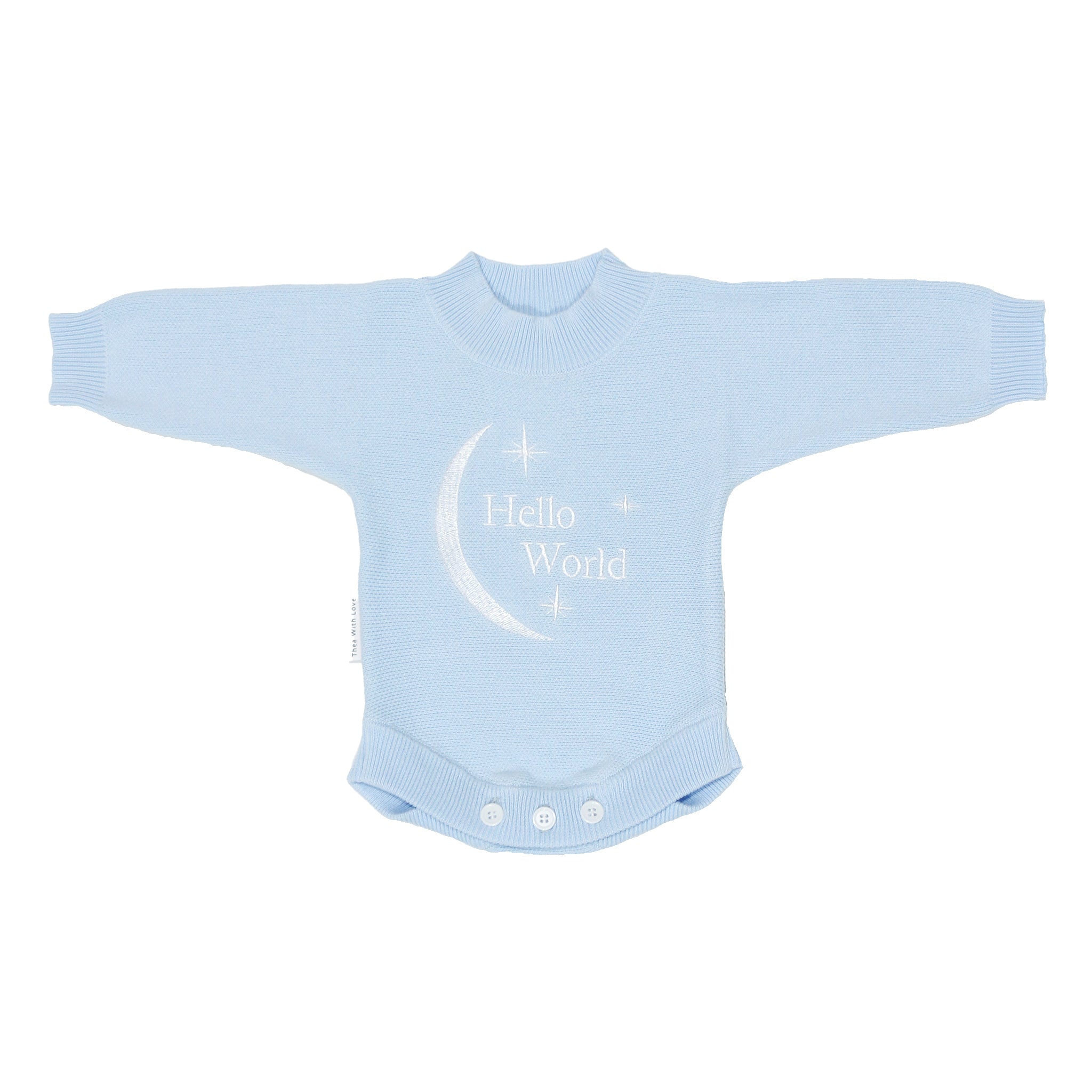 Heirloom Romper - Baby Blue Hello World with matching beanie and booties
