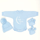 Heirloom Romper - Baby Blue Hello World with matching beanie and booties