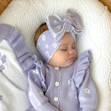 Baby Gift Box – Lavender Posy Knit Romper, Frill Booties, Bow & Disc She's Here, White Ribbon