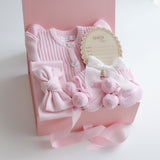 Baby Gift Set – Pink Frill Knit Romper, Booties, Bow & Disc She's Here-White Ribbon