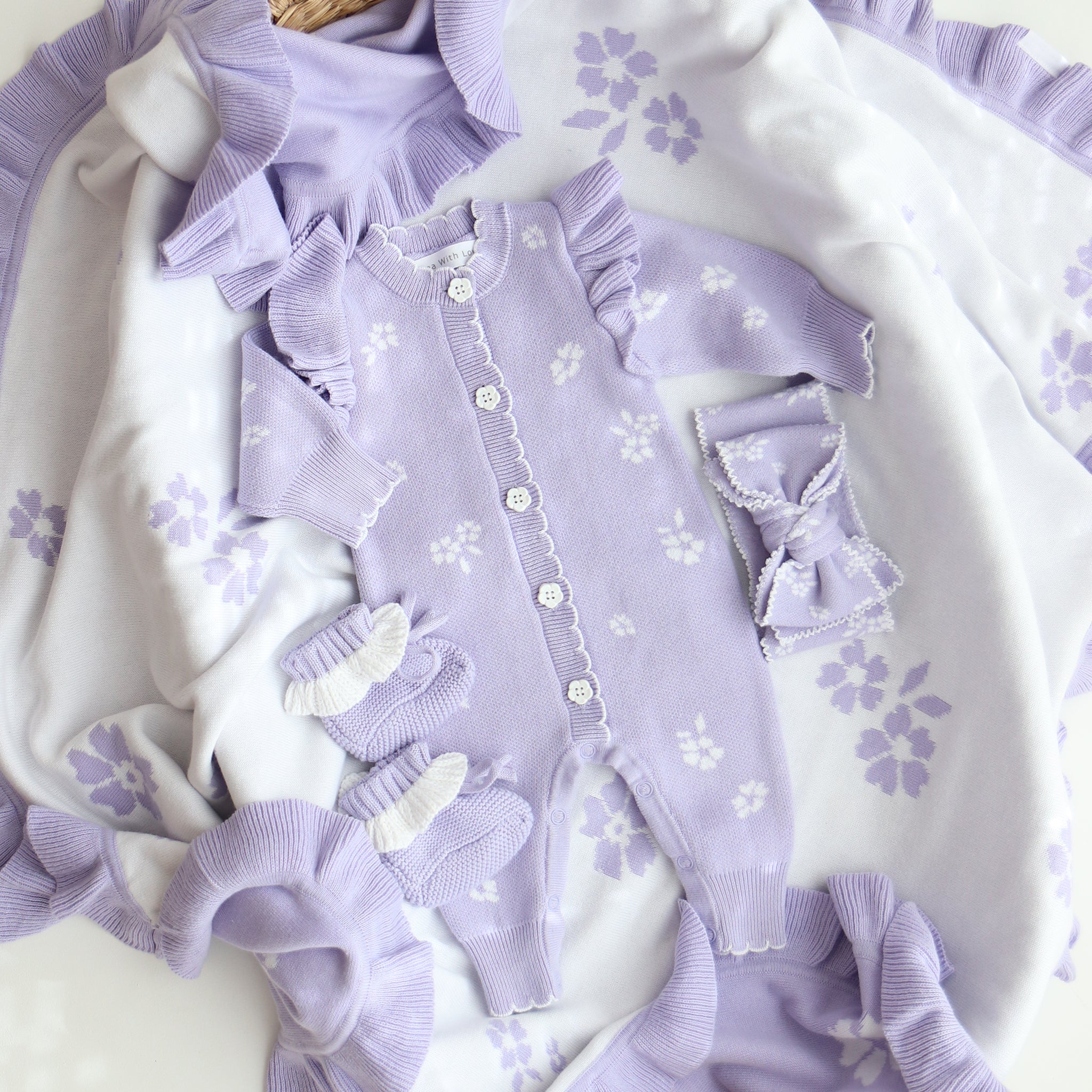 Lavender Posy jacquard knitted baby romper – photo 3