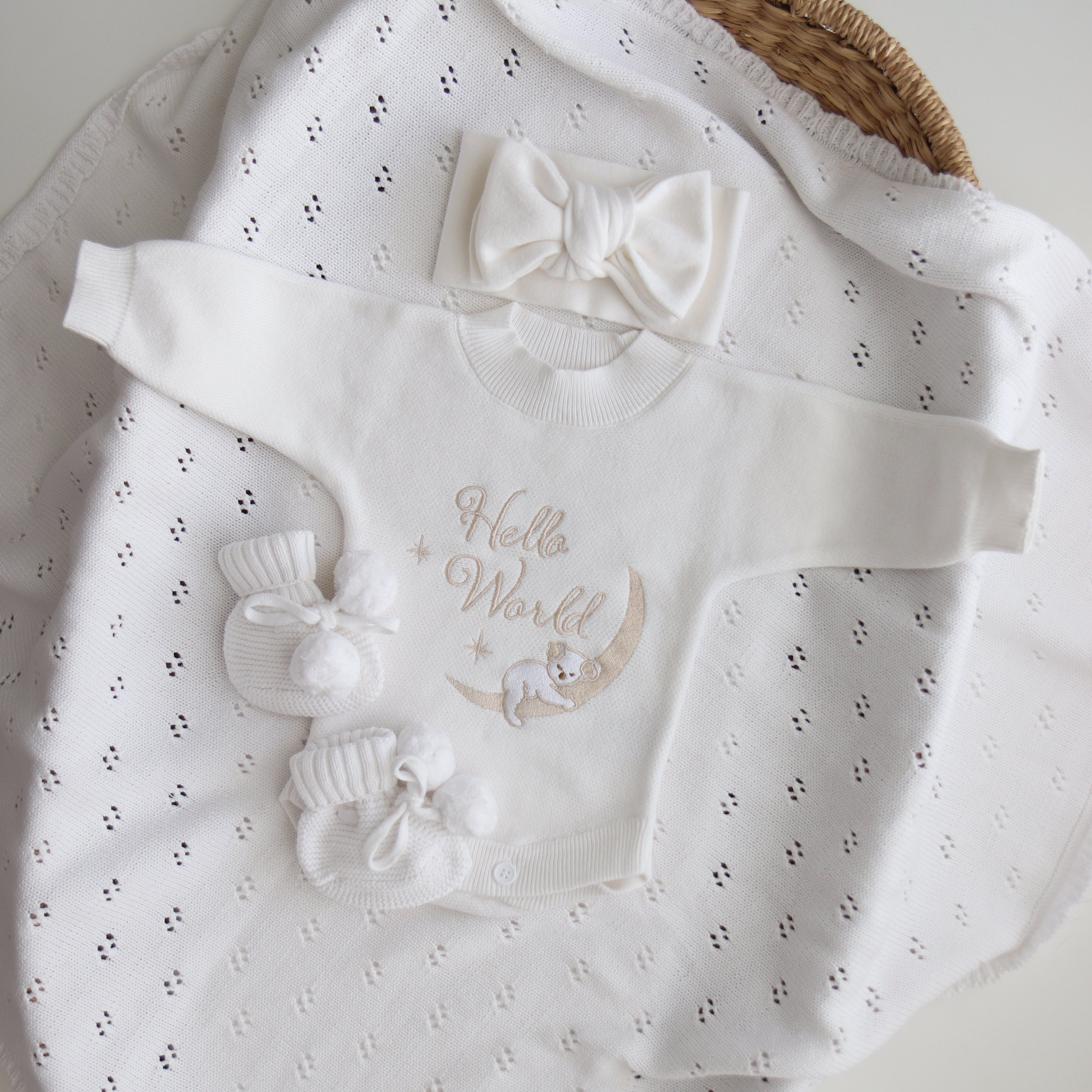 Koala Hello World Bundle With Bow - includes romper, booties and knitted bow