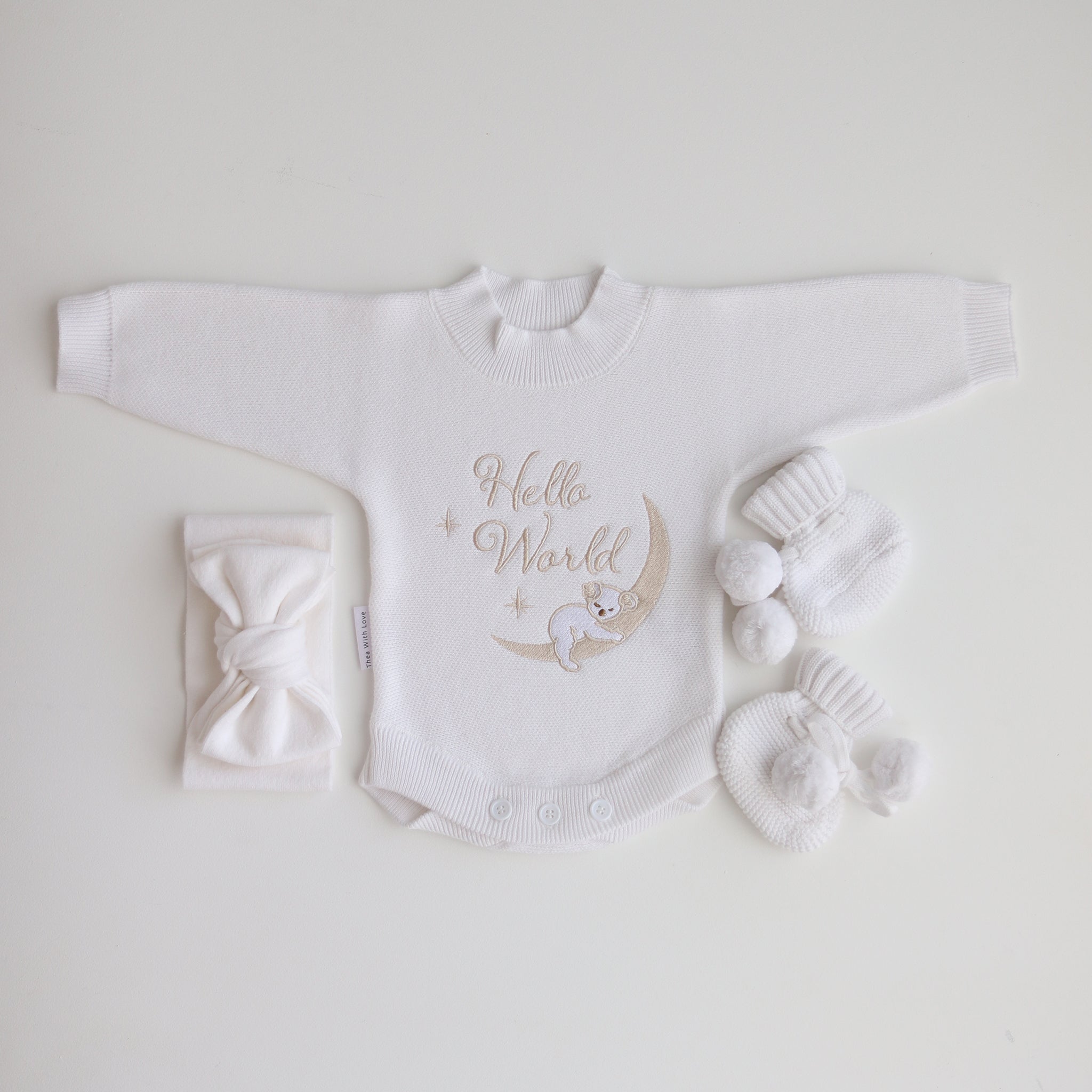 Koala Hello World Bundle With Bow -includes romper, booties and knitted bow