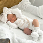 Koala Hello World Bundle With Bow - SAVE 10% includes romper, booties and knitted bow